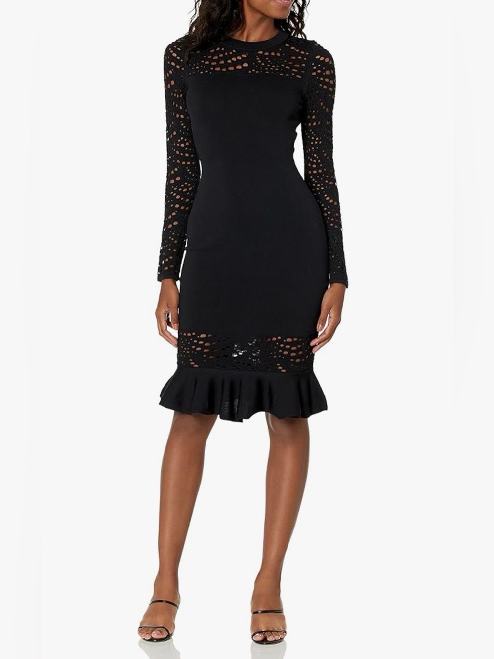 Milly Size S Black Long-Sleeve Lace Detail Bodycon Dress Mermaid